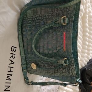 Brahmin Green Embossed Shoulder Bag with Metal Hardware